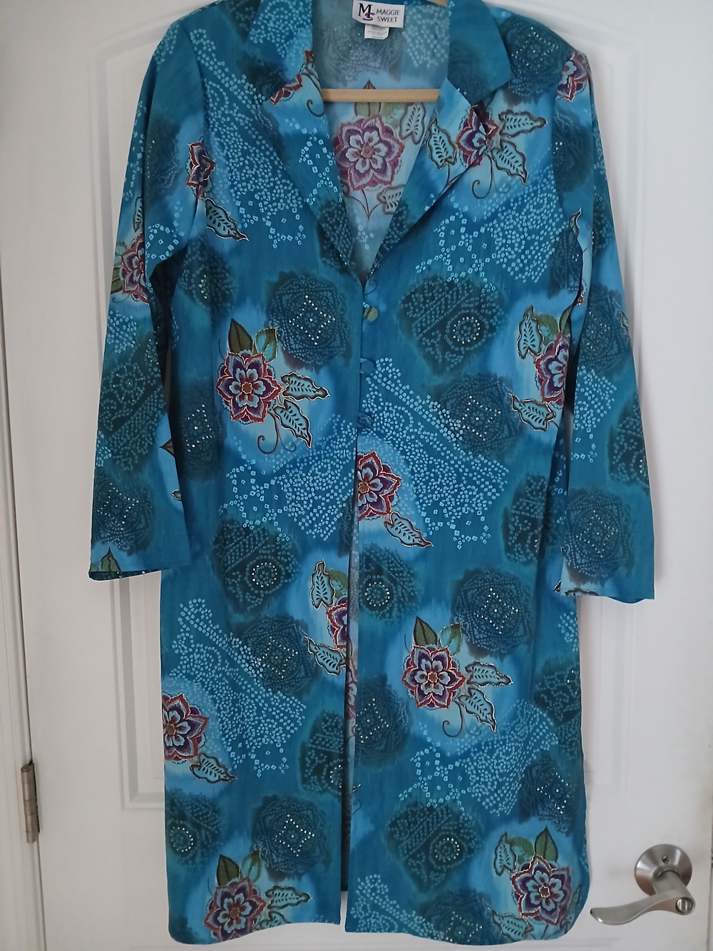 Vintage Maggi Sweet Teal Floral Longline Duster Jacket Komino